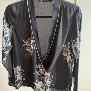 Black Floral Print Wrap Blouse